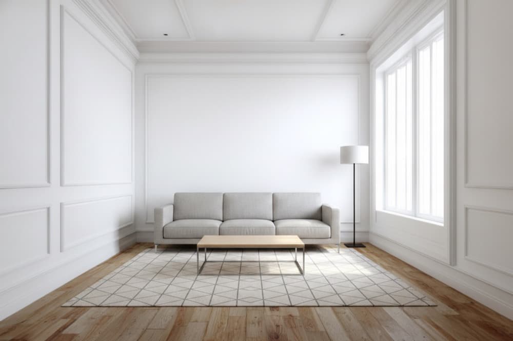 The living room staged sparsely: a single sofa, a low table and a floor lamp