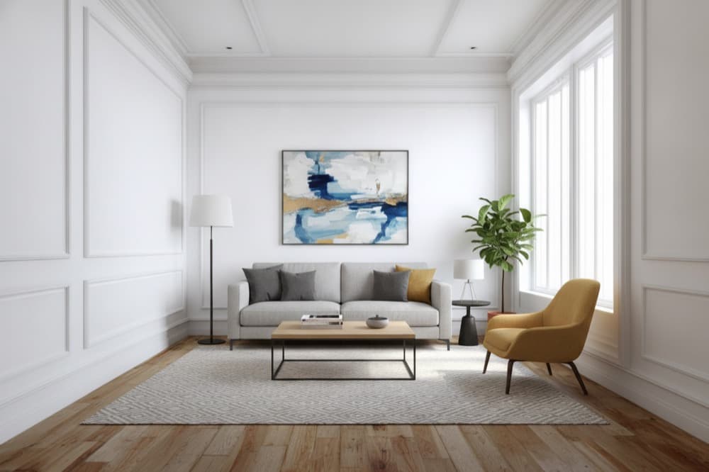 The same living room staged fully: sofa, armchair, coffee table, rug, lamp, plant and artwork