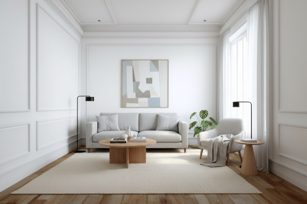 The same living room staged in a Scandinavian style with a pale sofa, oak table and woven rug